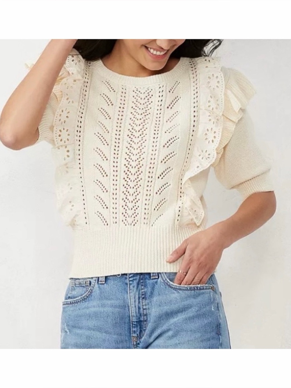 LC Lauren Conrad Ruffle Short Sleeve Pointelle Sweater Top, Ivory, Size XXL